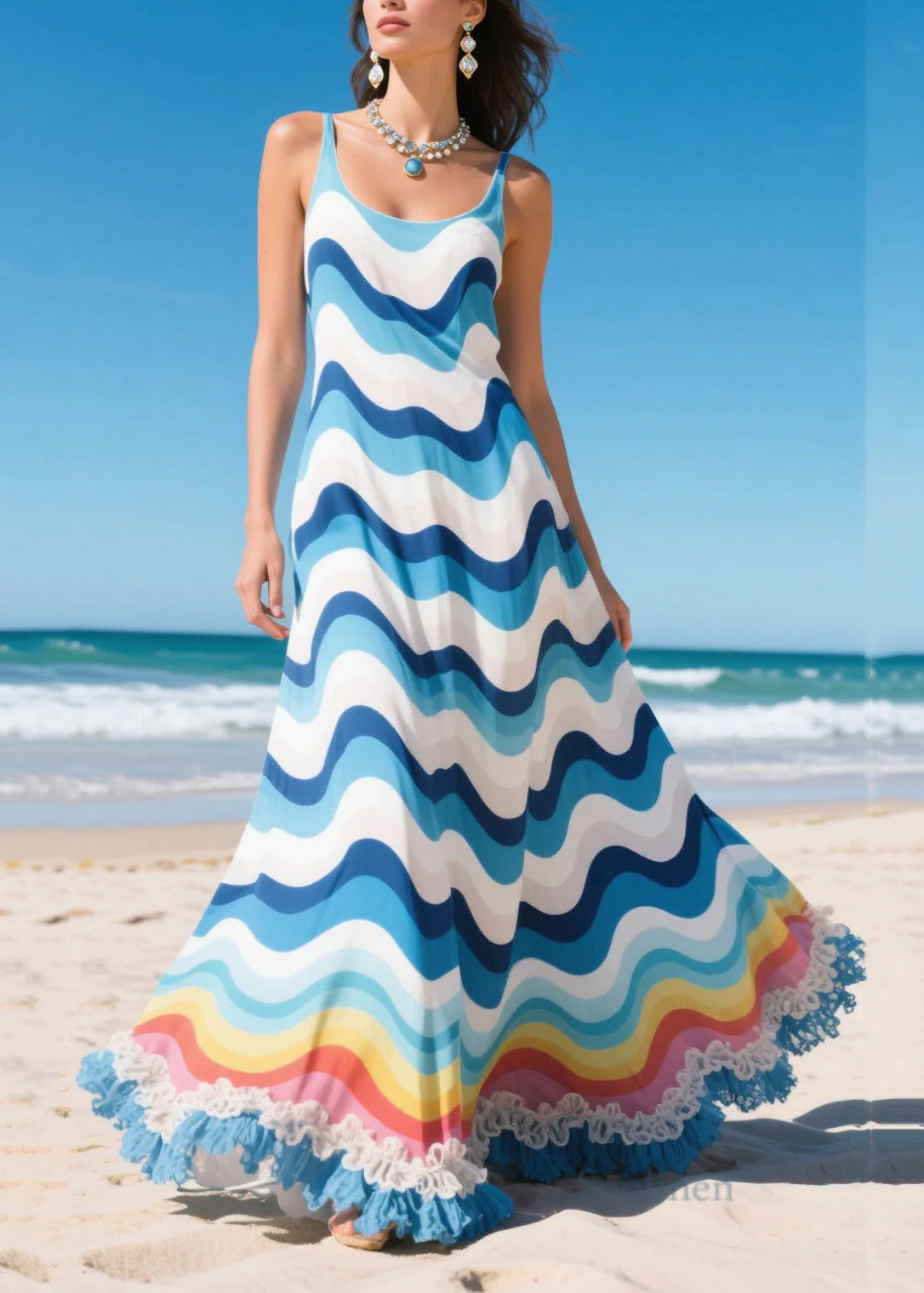 Casual Blue Striped Ruffled Chiffon Holiday Dresses Summer - Image 3