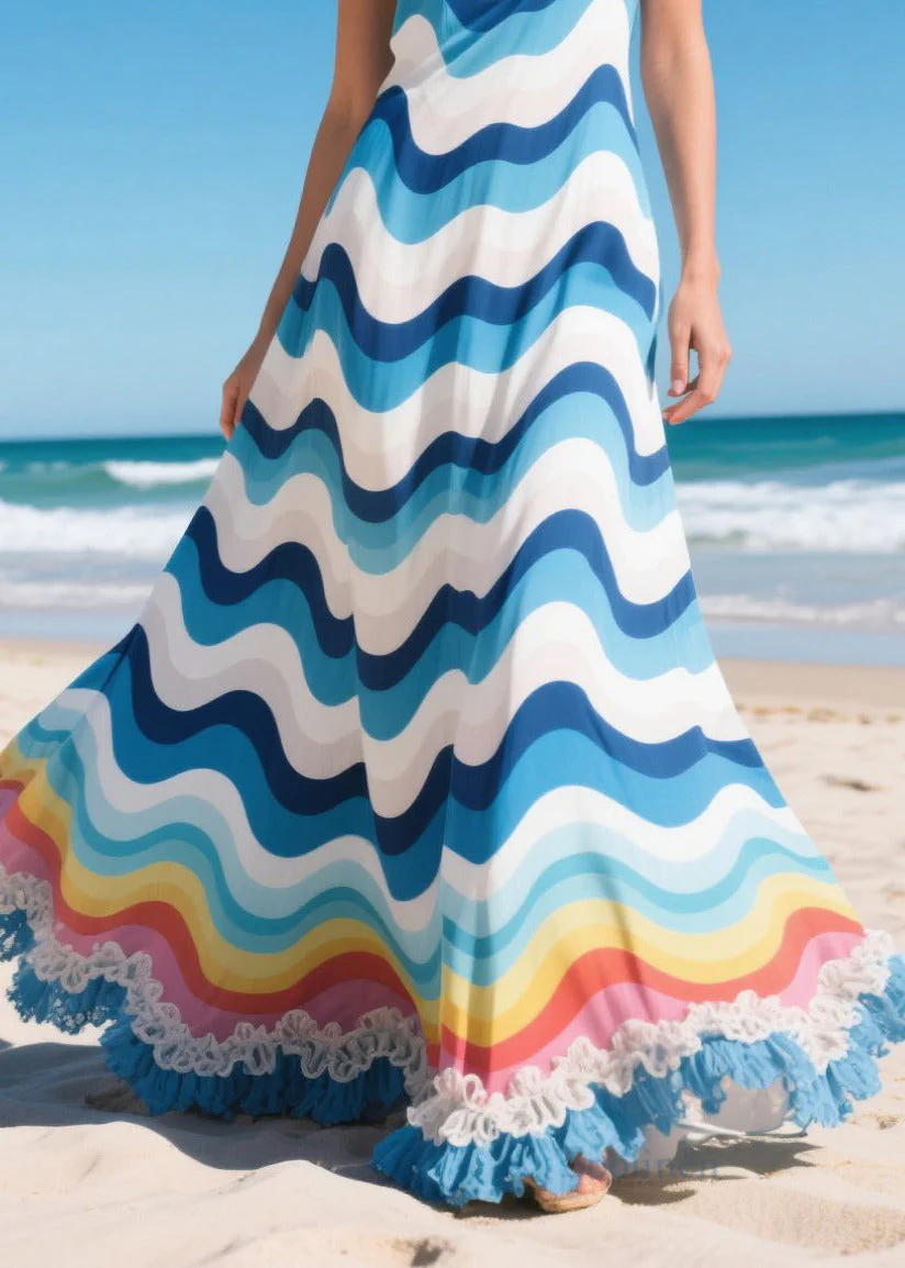 Casual Blue Striped Ruffled Chiffon Holiday Dresses Summer - Image 4