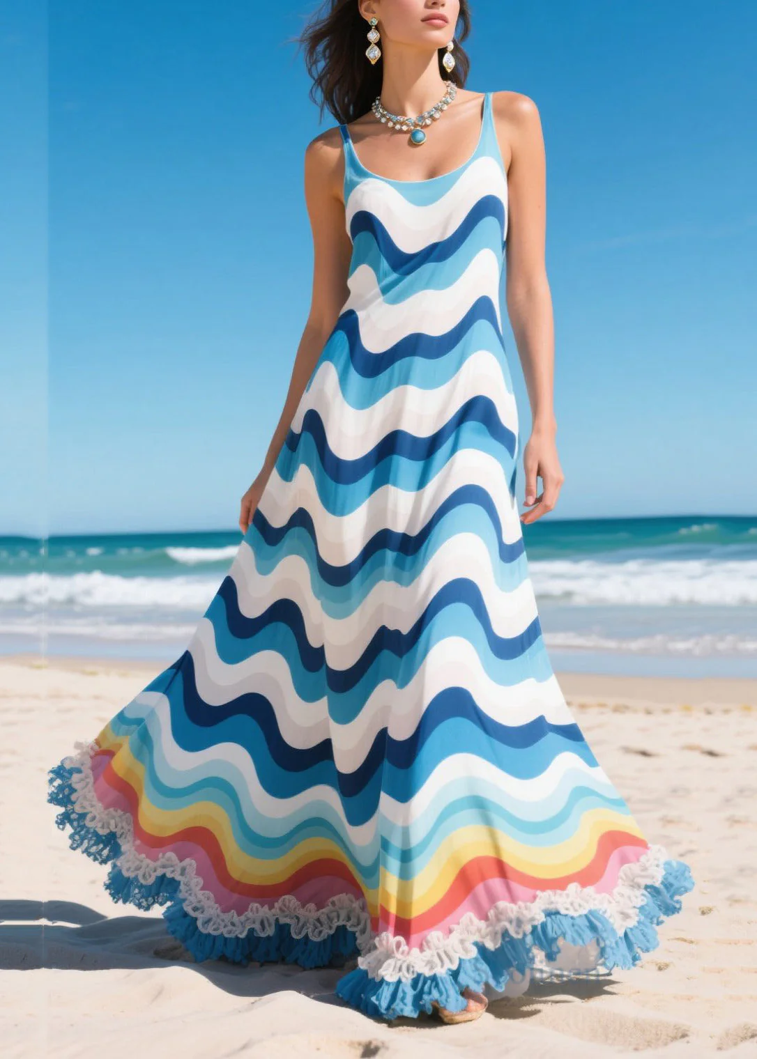 Casual Blue Striped Ruffled Chiffon Holiday Dresses Summer - Image 5
