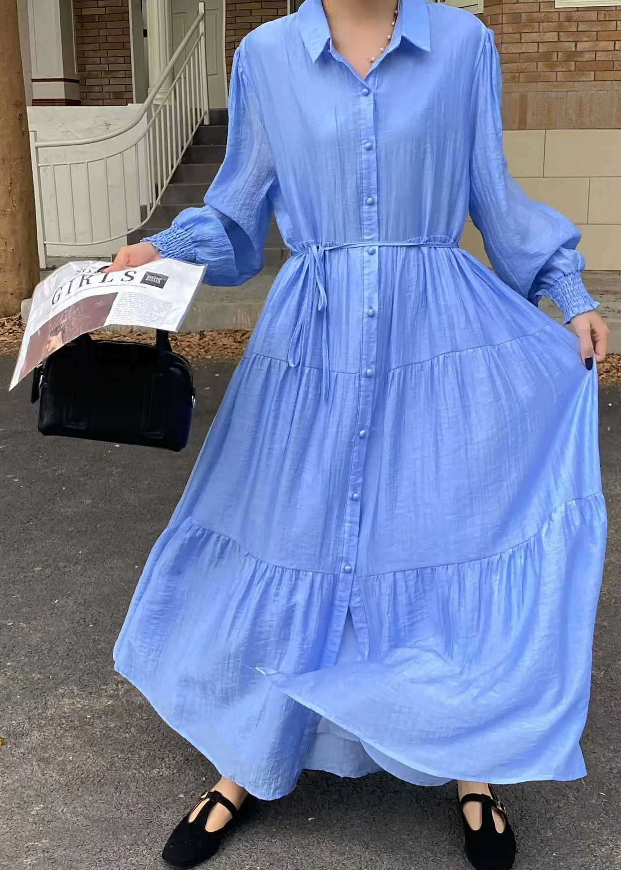 Casual Blue Tie Waist Exra Large Hem Cotton Shirt Dresses Fall - Image 3