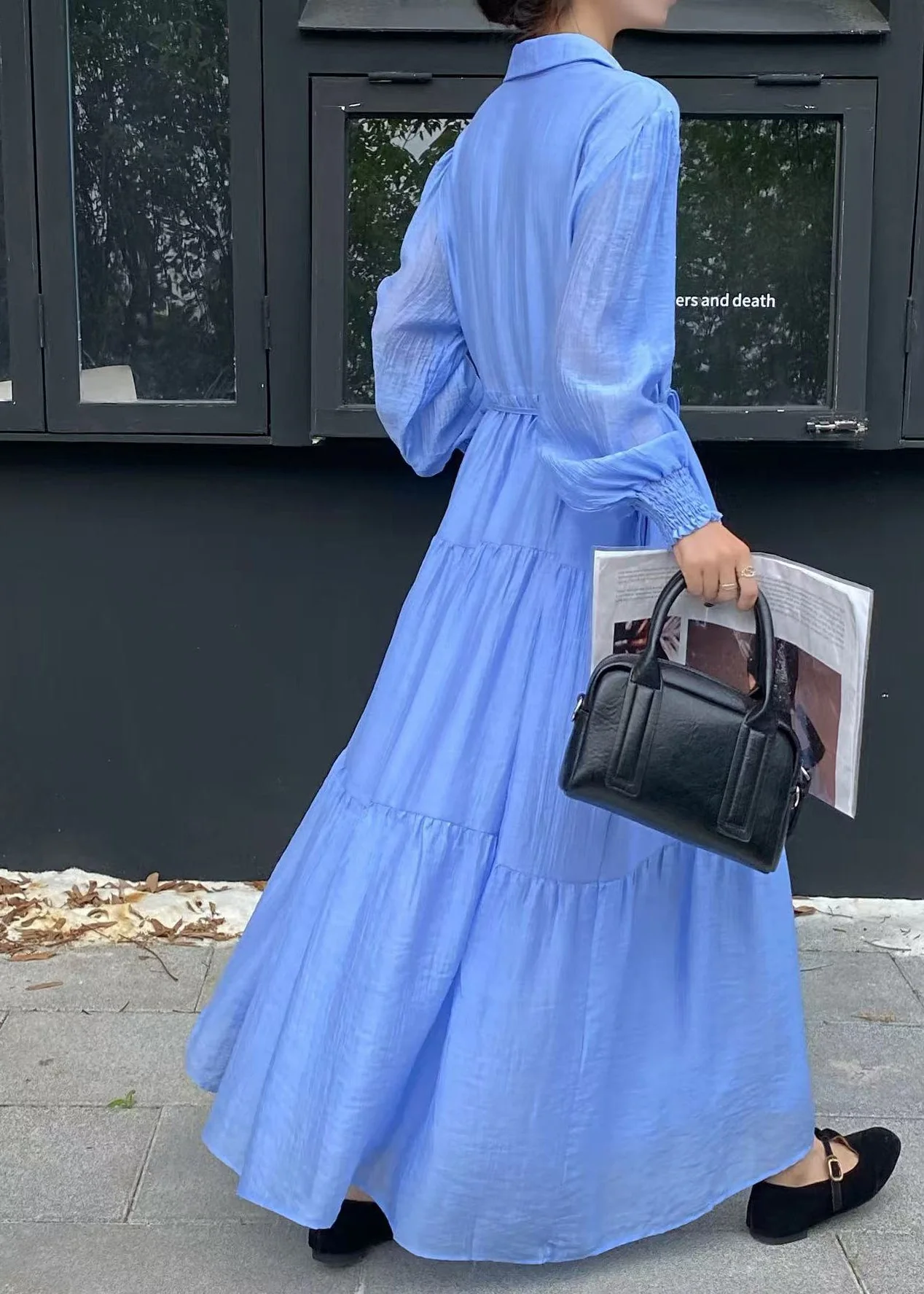 Casual Blue Tie Waist Exra Large Hem Cotton Shirt Dresses Fall - Image 5
