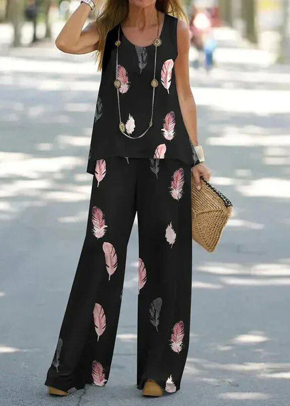 Casual Blue U Neck Print Vest And Wide Leg Pants Two Pieces Set Summer - Image 3