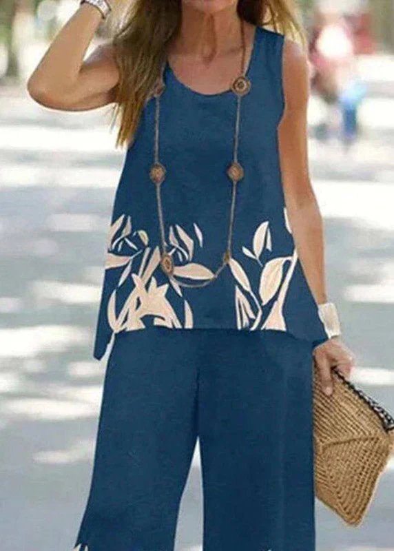 Casual Blue U Neck Print Vest And Wide Leg Pants Two Pieces Set Summer - Image 4
