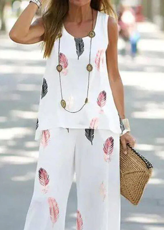 Casual Blue U Neck Print Vest And Wide Leg Pants Two Pieces Set Summer - Image 5