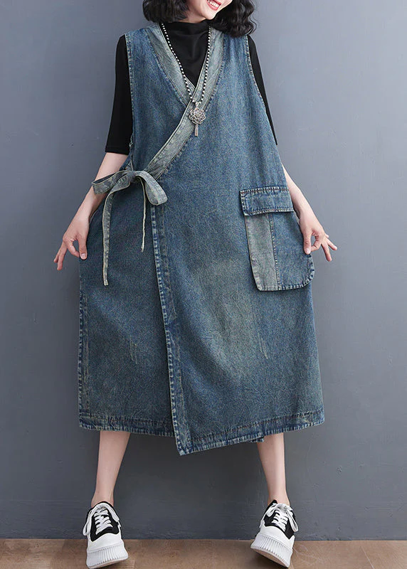 Casual Blue V Neck Asymmetrical Patchwork Tie Waist Denim Long Dresses Sleeveless - Image 2