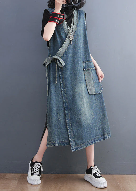 Casual Blue V Neck Asymmetrical Patchwork Tie Waist Denim Long Dresses Sleeveless - Image 3
