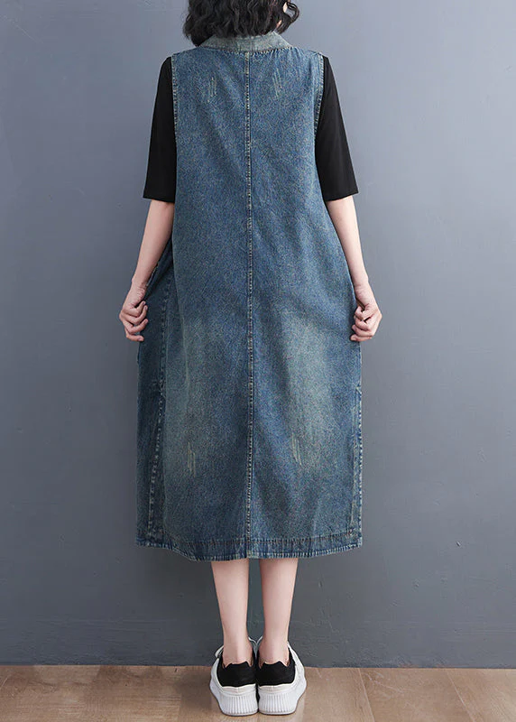 Casual Blue V Neck Asymmetrical Patchwork Tie Waist Denim Long Dresses Sleeveless - Image 4