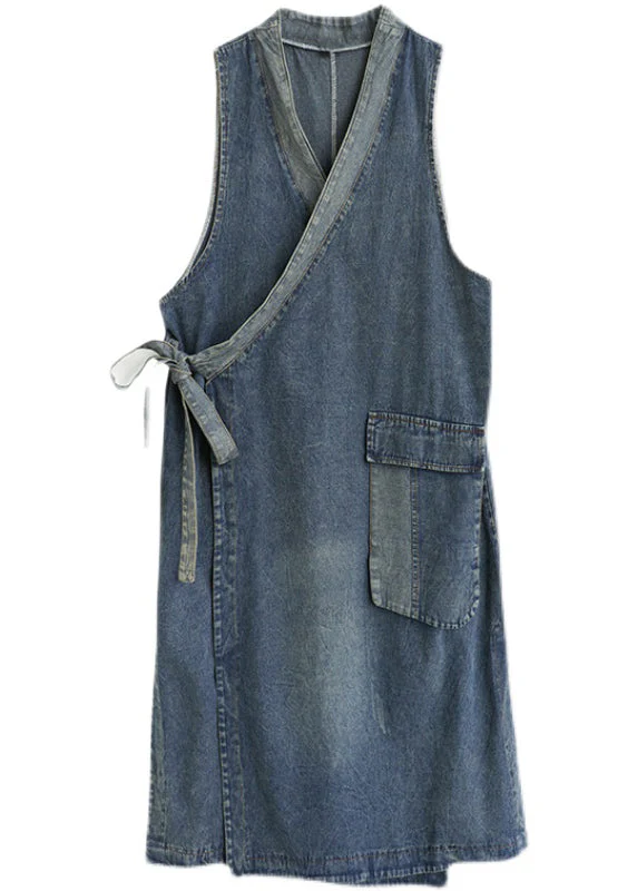 Casual Blue V Neck Asymmetrical Patchwork Tie Waist Denim Long Dresses Sleeveless - Image 5