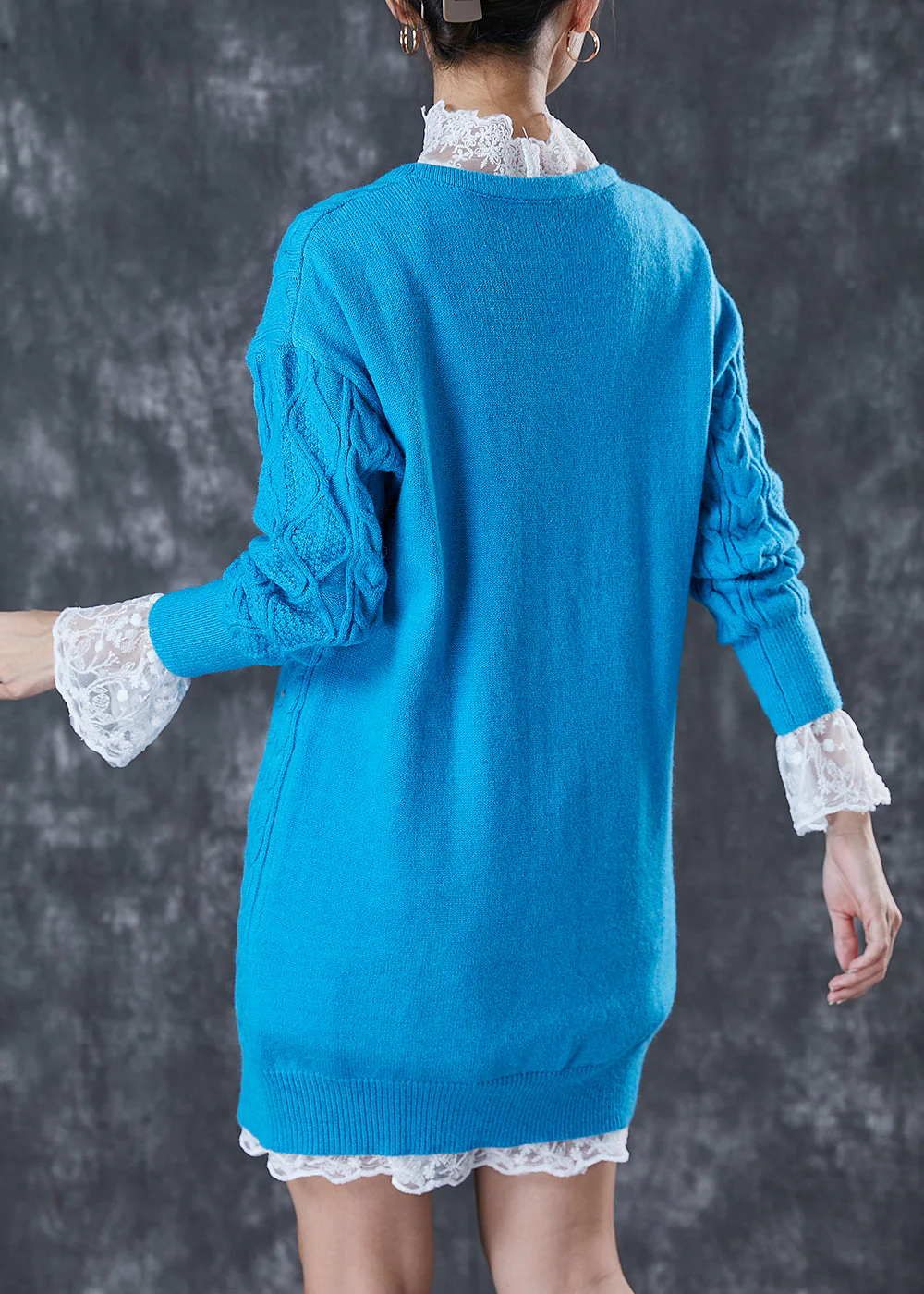 Casual Blue V Neck Cable Knitted Dress Two Piece Set Winter - Image 2