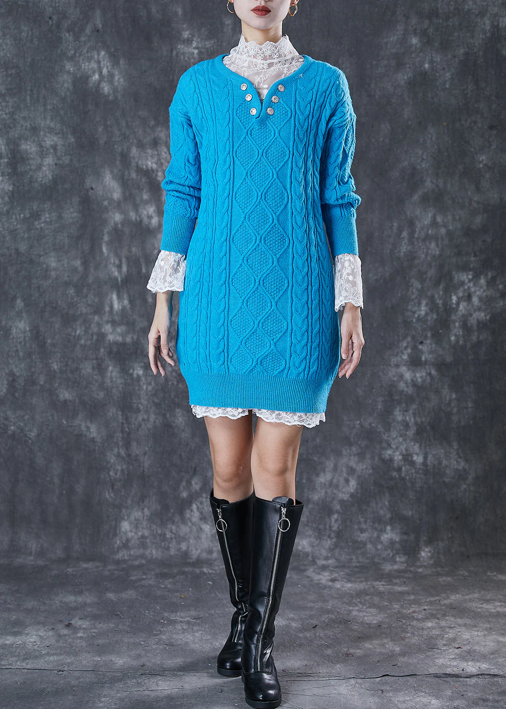Casual Blue V Neck Cable Knitted Dress Two Piece Set Winter - Image 3