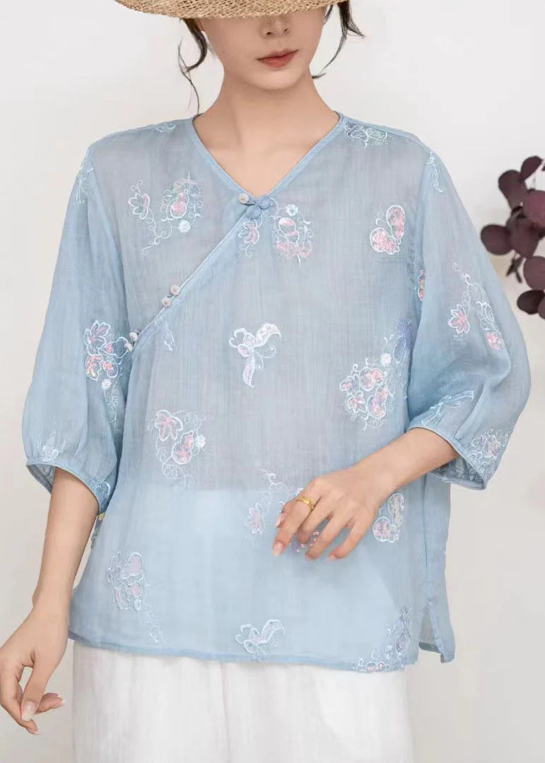 Casual Blue V Neck Embroidered Linen T Shirt Tops Summer