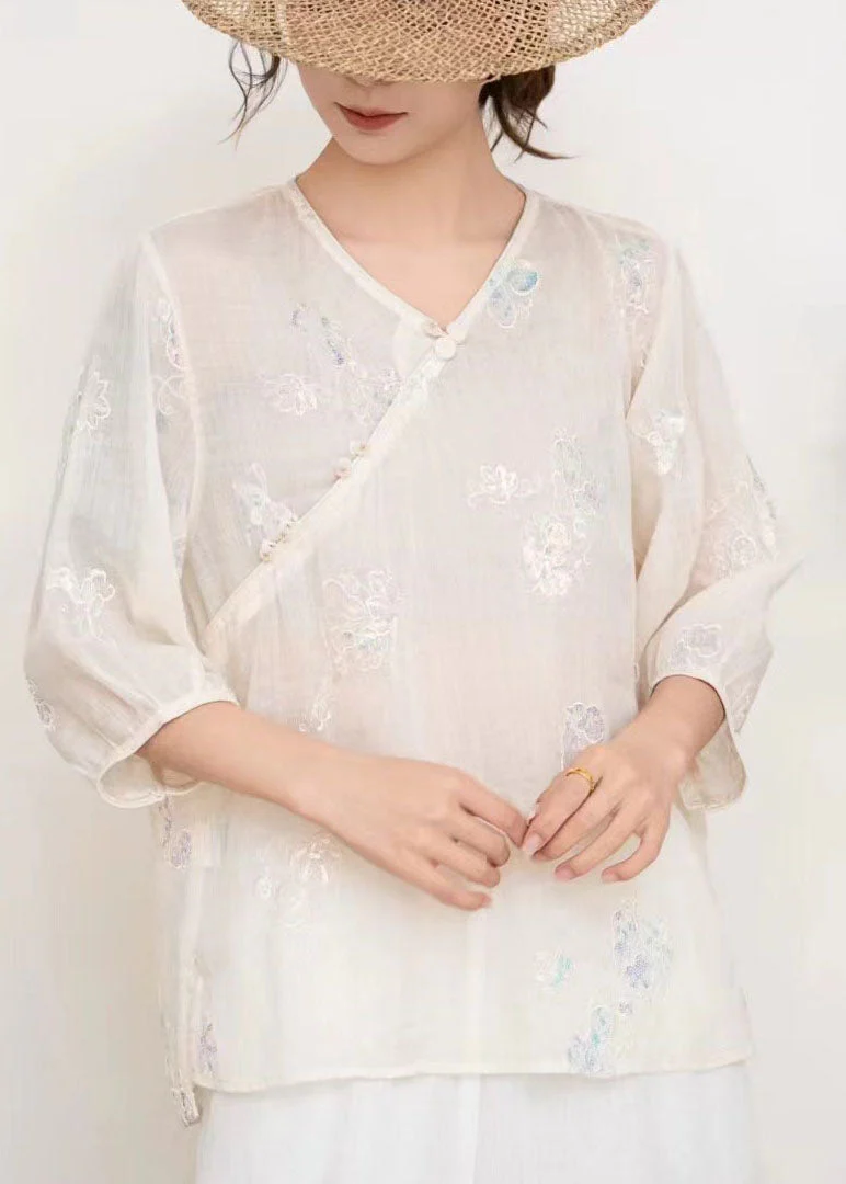 Casual Blue V Neck Embroidered Linen T Shirt Tops Summer - Image 2