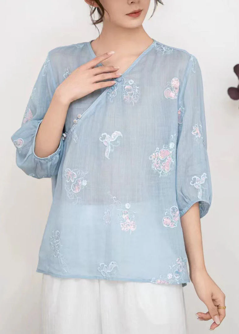 Casual Blue V Neck Embroidered Linen T Shirt Tops Summer - Image 3