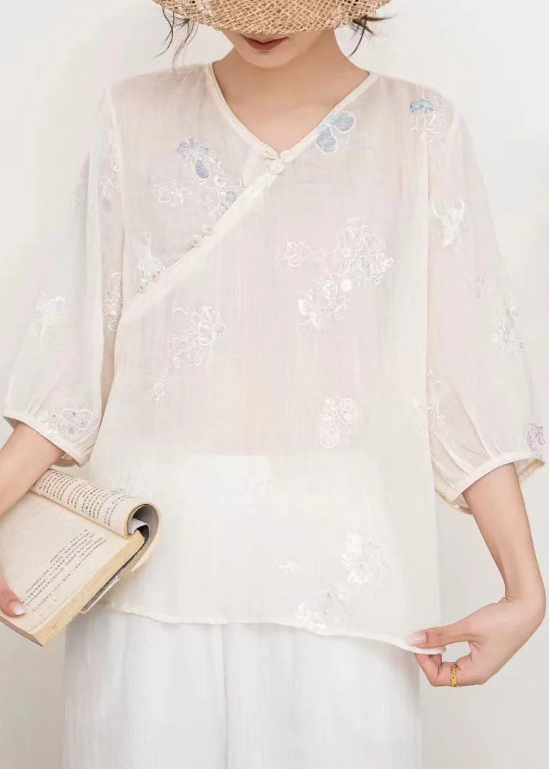 Casual Blue V Neck Embroidered Linen T Shirt Tops Summer - Image 4