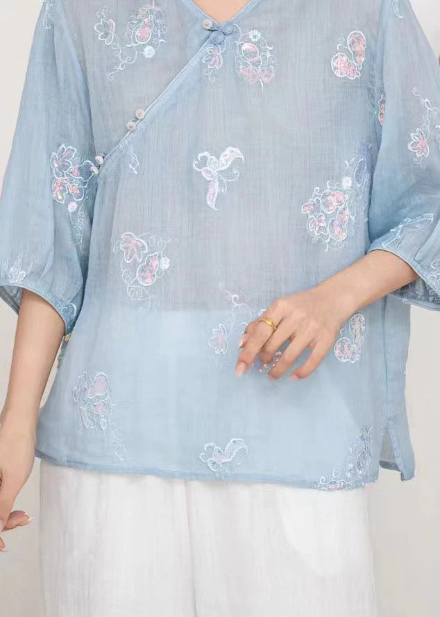 Casual Blue V Neck Embroidered Linen T Shirt Tops Summer - Image 5
