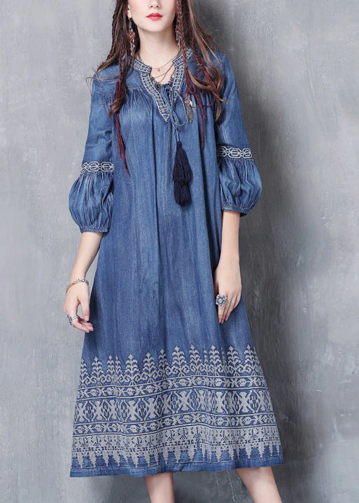 Casual Blue V Neck Embroideried Cotton Vacation Dresses lantern sleeve - Image 2