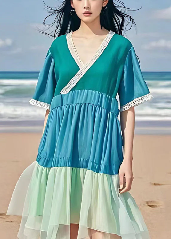 Casual Blue V Neck Patchwork Wrinkled Linen Dress Summer - Image 2