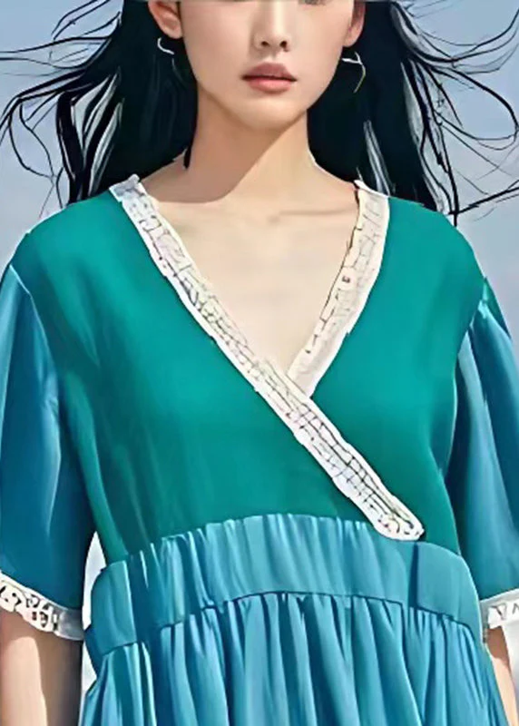 Casual Blue V Neck Patchwork Wrinkled Linen Dress Summer - Image 3