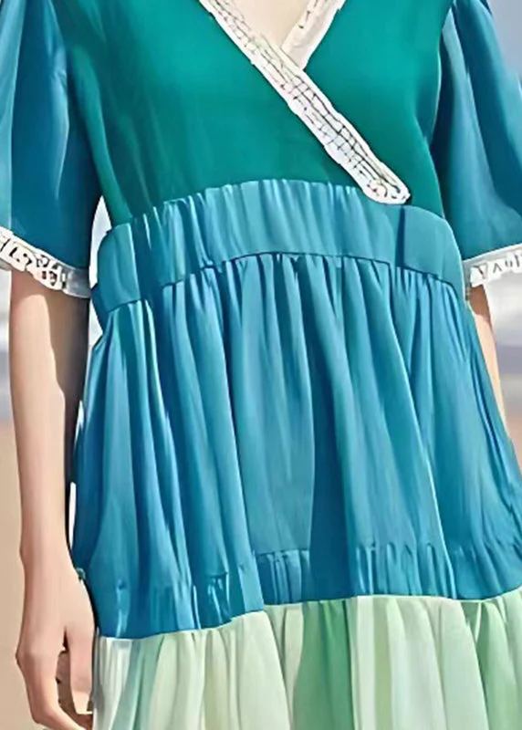 Casual Blue V Neck Patchwork Wrinkled Linen Dress Summer - Image 4