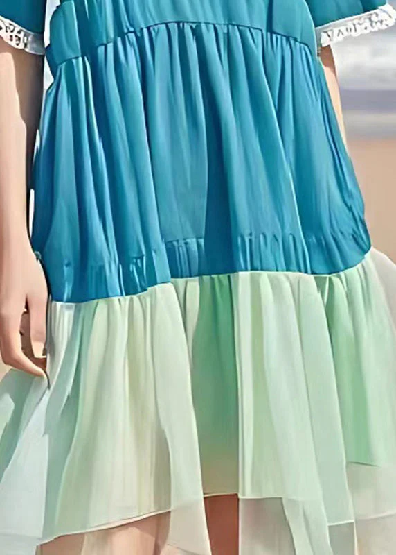 Casual Blue V Neck Patchwork Wrinkled Linen Dress Summer - Image 5