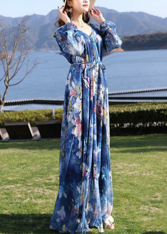Casual Blue V Neck Print Tie Waist Chiffon Long Dress Long Sleeve - Image 2