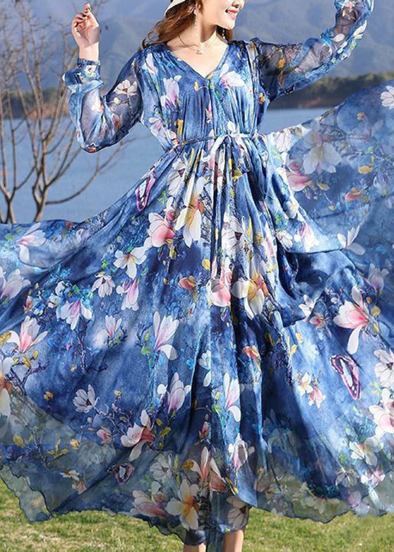 Casual Blue V Neck Print Tie Waist Chiffon Long Dress Long Sleeve - Image 3