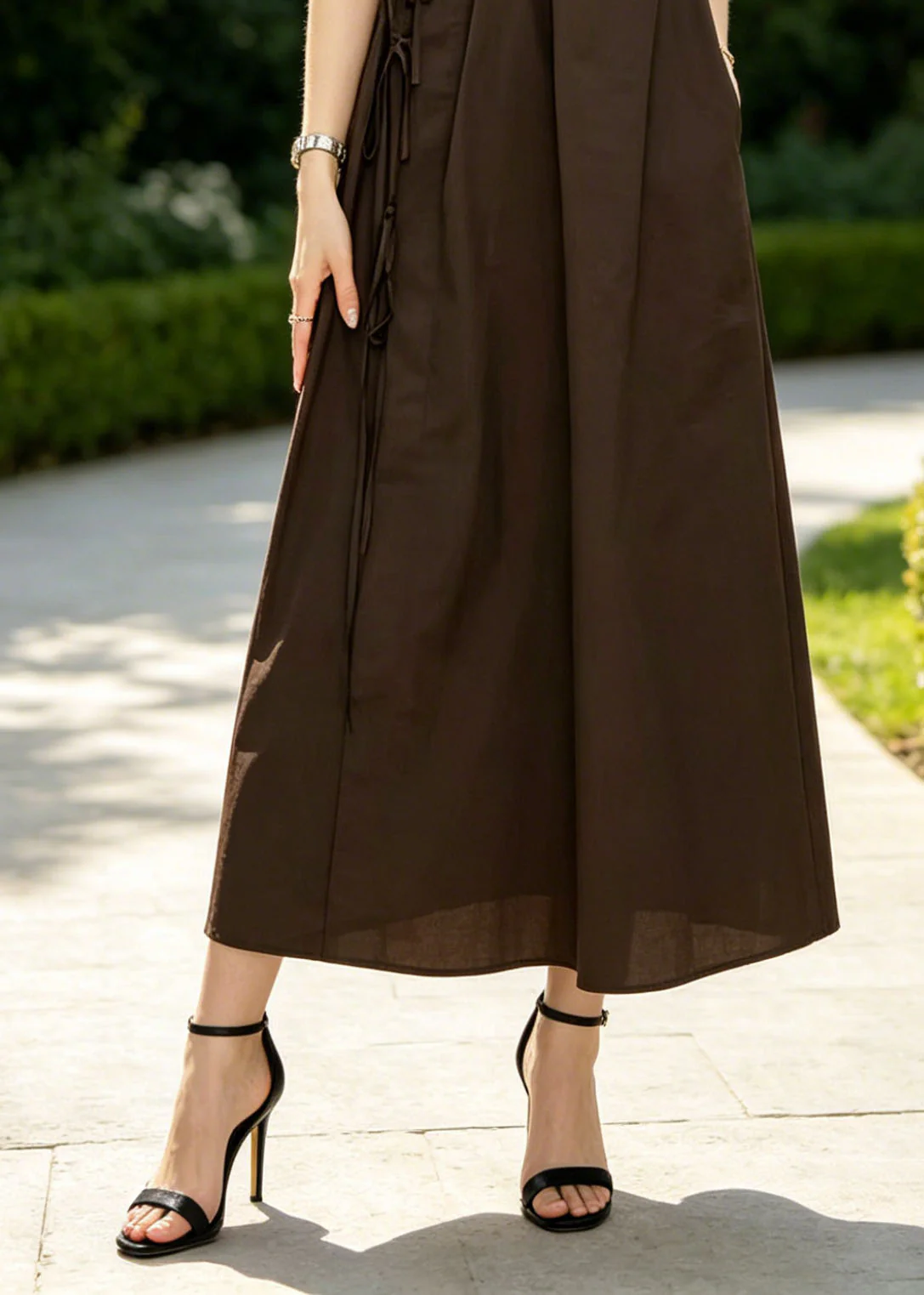 Casual Brown Lace Up Wrinkled Cotton Vacation Dresses Sleeveless - Image 4