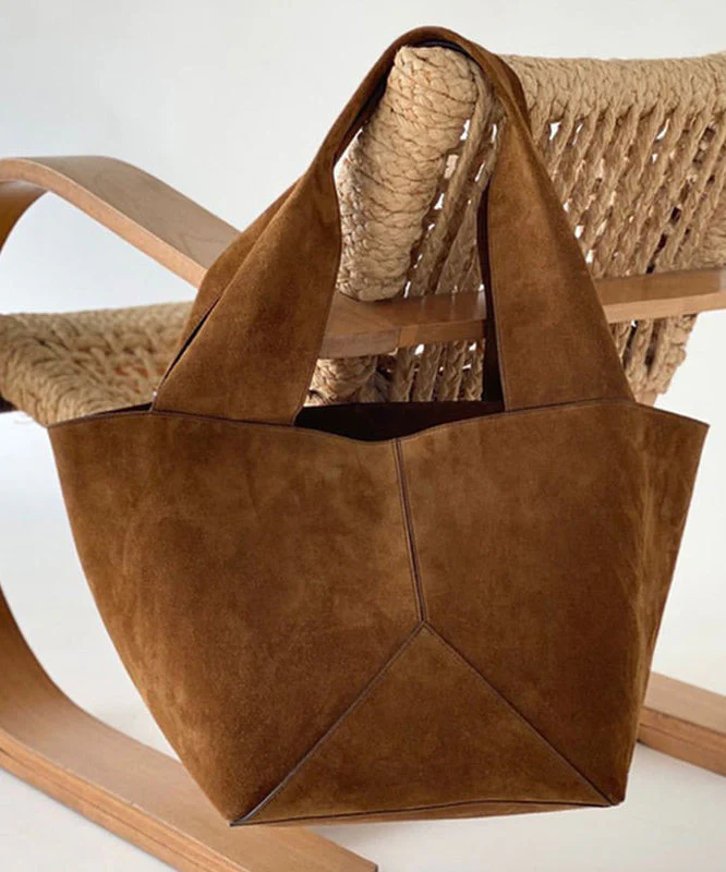 Casual Brown Large Capacity Patchwork Suede Satchel Handbag - Image 4