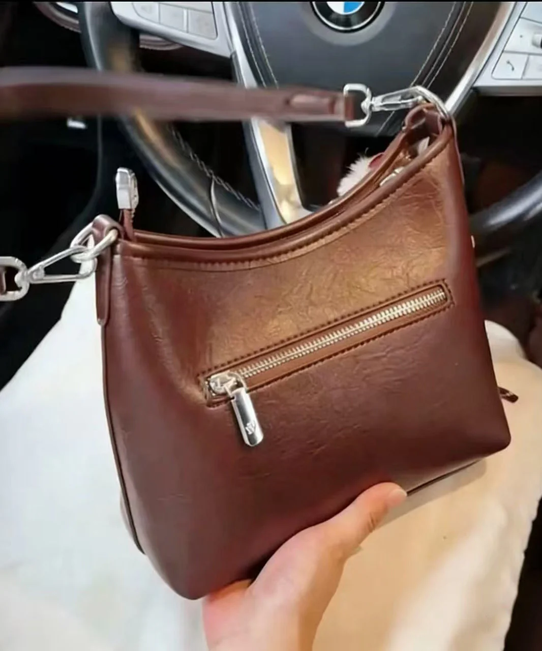 Casual Brown Letter Embossing Fuzzy Ball Decorated Faux Leather Micro Bag - Image 3