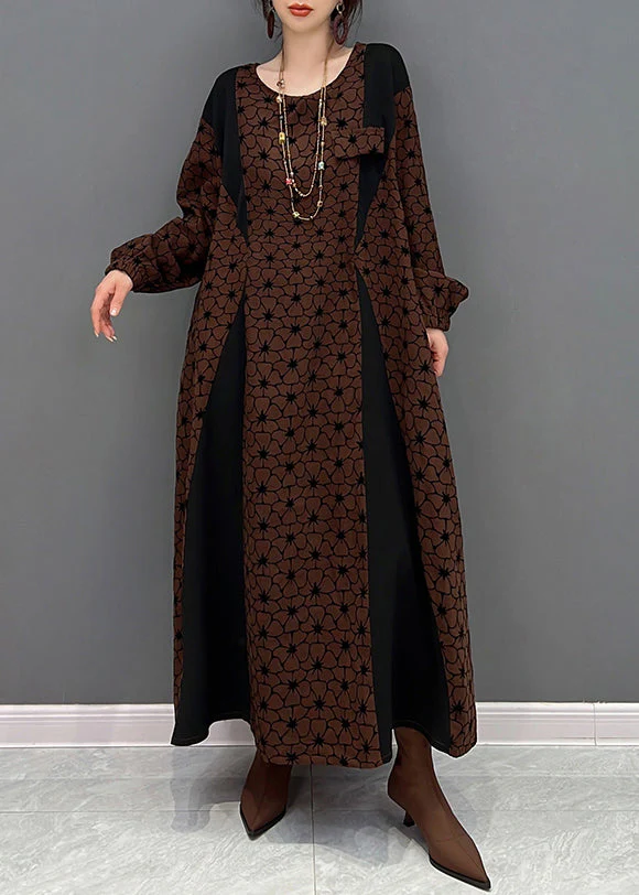 Casual Brown O Neck Wrinkled Print Patchwork Cotton Long Dresses Fall - Image 2