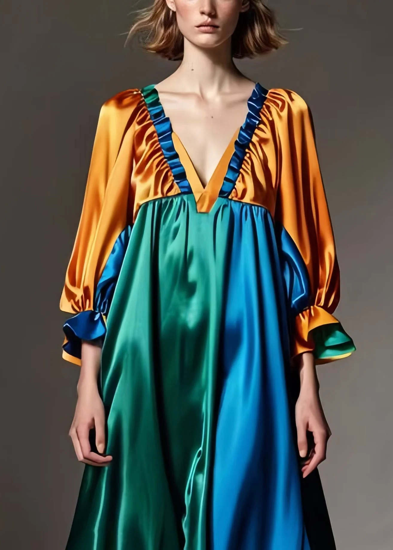 Casual Brown Ruffled Patchwork Draping Silk Dress Spring - Image 2