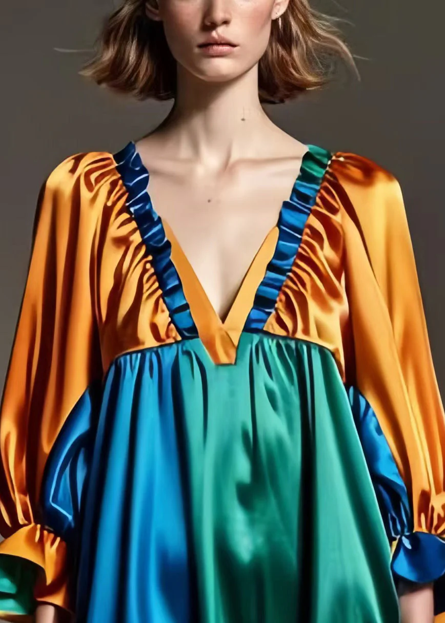 Casual Brown Ruffled Patchwork Draping Silk Dress Spring - Image 3