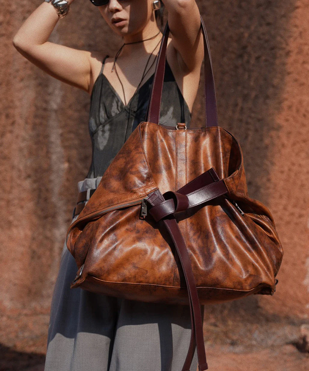 Casual Brown Tie Dye Large Capacity Faux Leather Satchel Handbag - Image 2