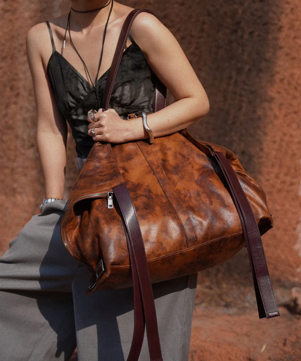 Casual Brown Tie Dye Large Capacity Faux Leather Satchel Handbag - Image 3