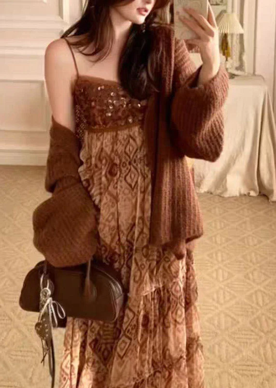 Casual Brown V Neck Knit Cardigans And Long Spaghetti Strap Dress Two Piece Set Spring - Image 2