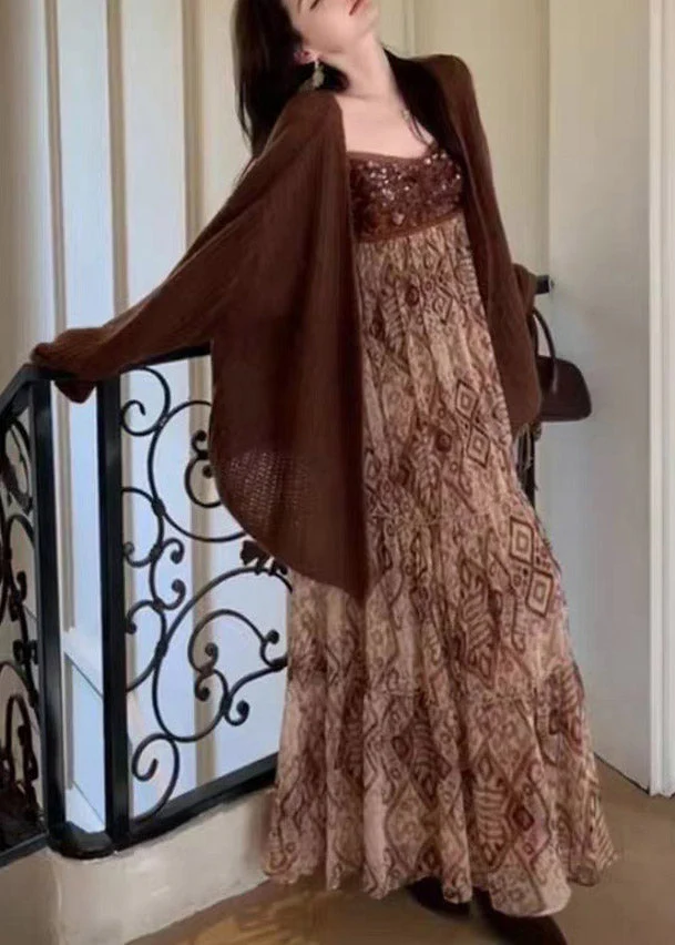 Casual Brown V Neck Knit Cardigans And Long Spaghetti Strap Dress Two Piece Set Spring - Image 3
