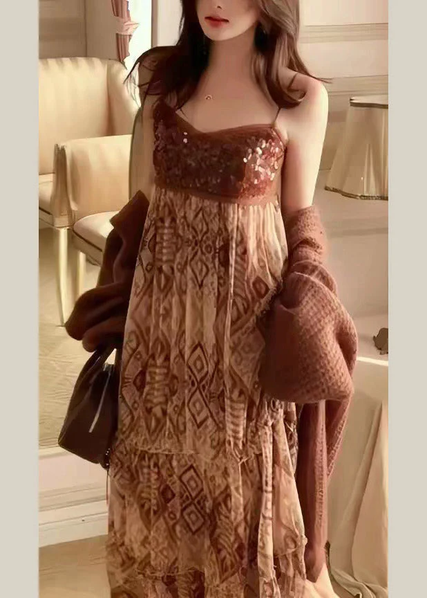 Casual Brown V Neck Knit Cardigans And Long Spaghetti Strap Dress Two Piece Set Spring - Image 4