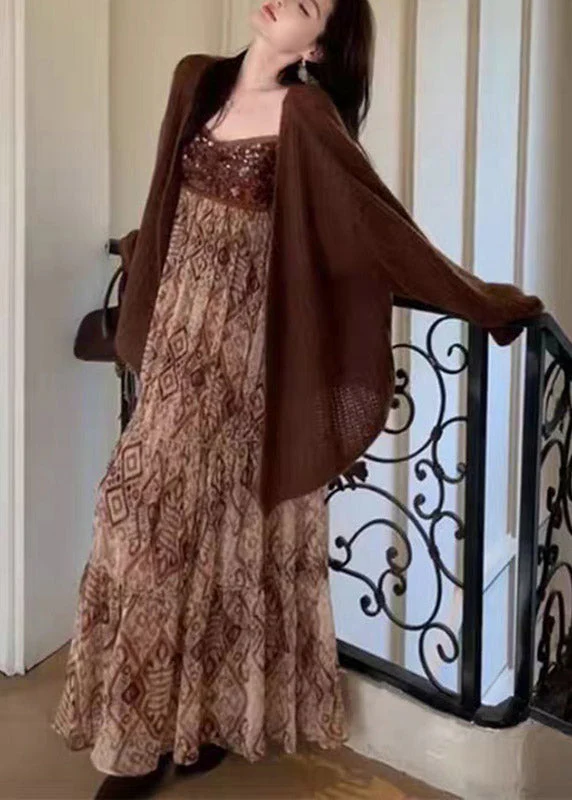 Casual Brown V Neck Knit Cardigans And Long Spaghetti Strap Dress Two Piece Set Spring - Image 5