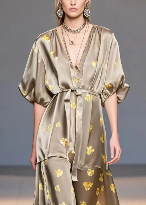 Casual Brown V Neck Print Silk Dress Summer - Image 2