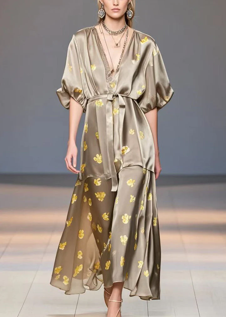 Casual Brown V Neck Print Silk Dress Summer - Image 3