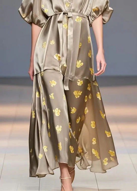Casual Brown V Neck Print Silk Dress Summer - Image 4