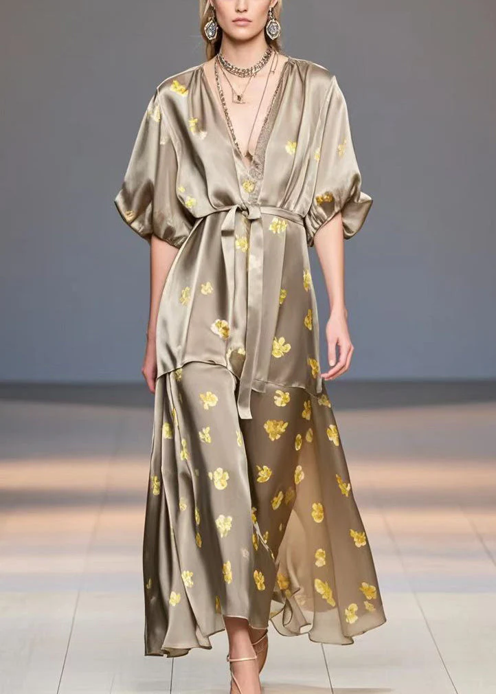 Casual Brown V Neck Print Silk Dress Summer - Image 5