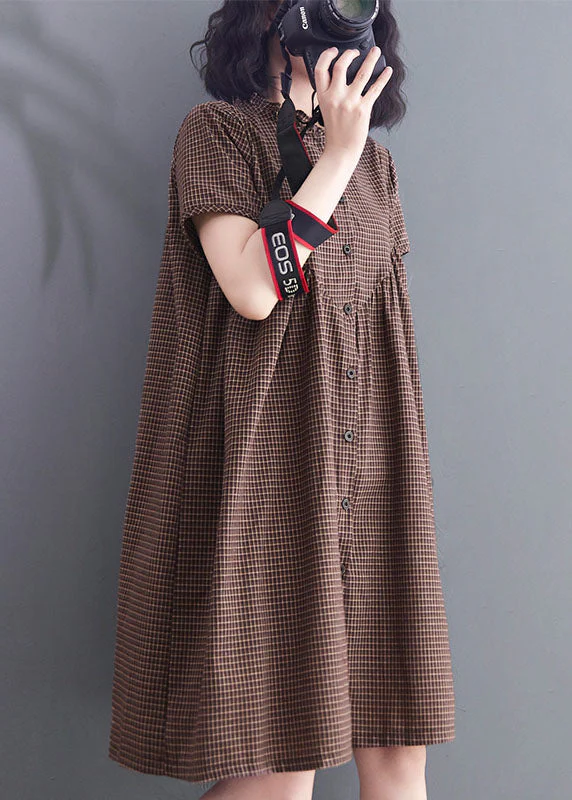 Casual Brown Wrinkled Ruffled Plaid Cotton Dress Short Sleeve - Image 2