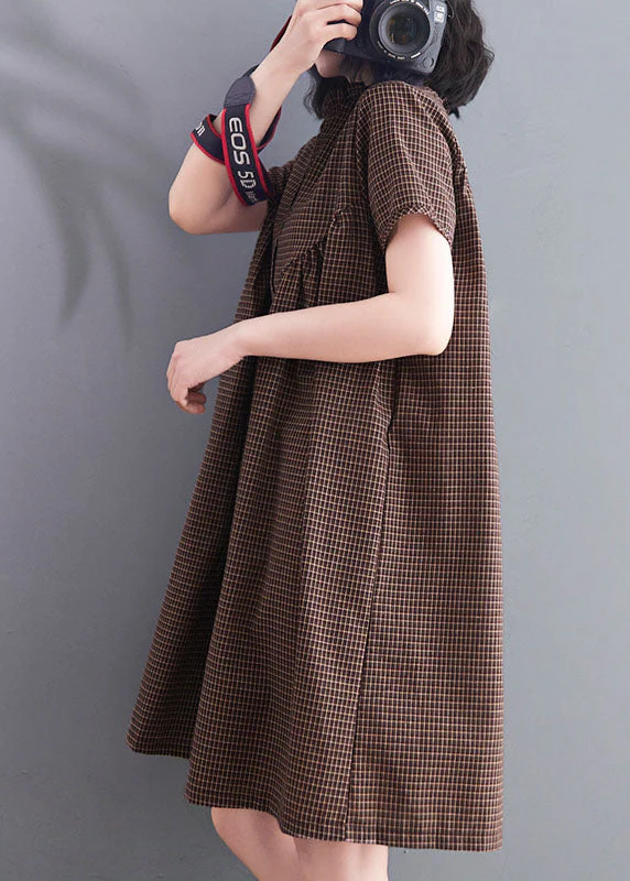 Casual Brown Wrinkled Ruffled Plaid Cotton Dress Short Sleeve - Image 3