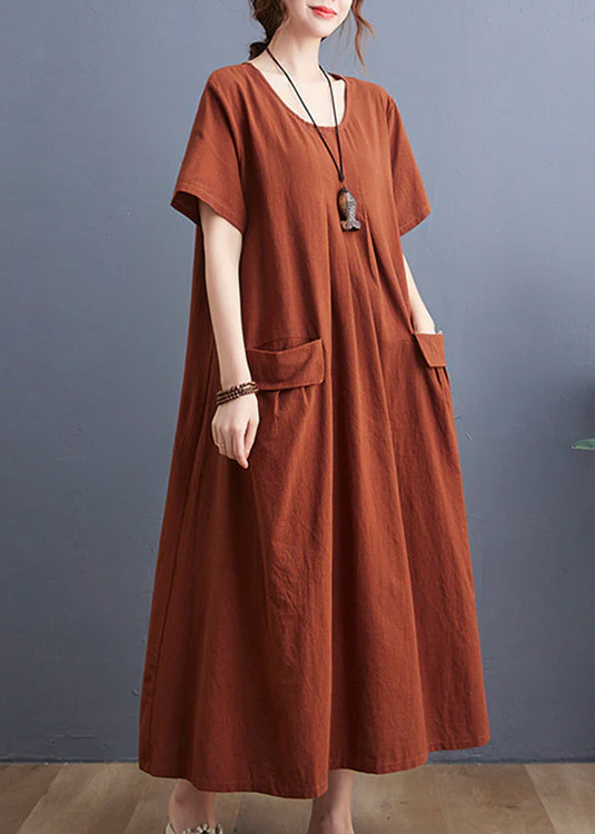 Casual Caramel O-Neck wrinkled Pockets Linen Dress Short Sleeve - Image 3