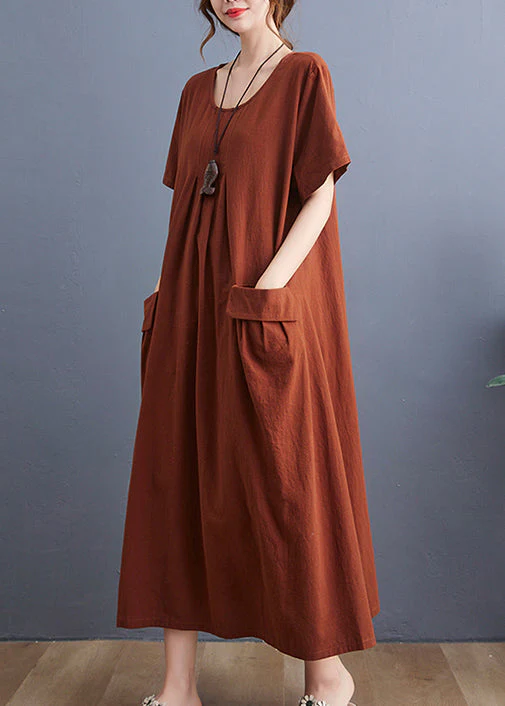 Casual Caramel O-Neck wrinkled Pockets Linen Dress Short Sleeve - Image 4