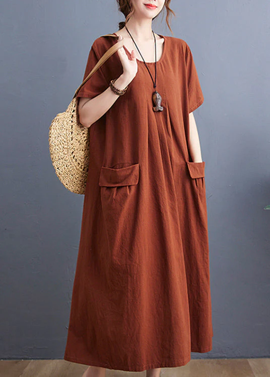 Casual Caramel O-Neck wrinkled Pockets Linen Dress Short Sleeve - Image 5