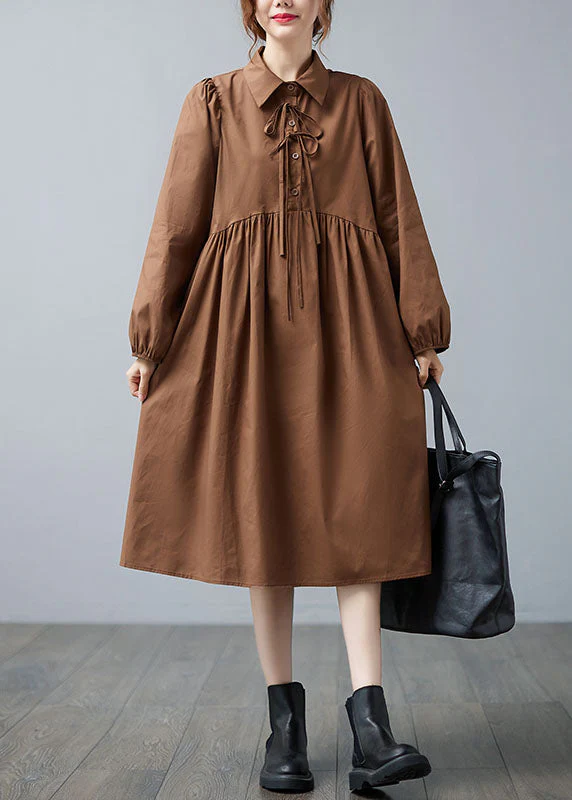 Casual Caramel Peter Pan Collar Patchwork Button Fall Vacation Dresses Long sleeve - Image 2