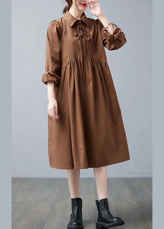 Casual Caramel Peter Pan Collar Patchwork Button Fall Vacation Dresses Long sleeve - Image 3