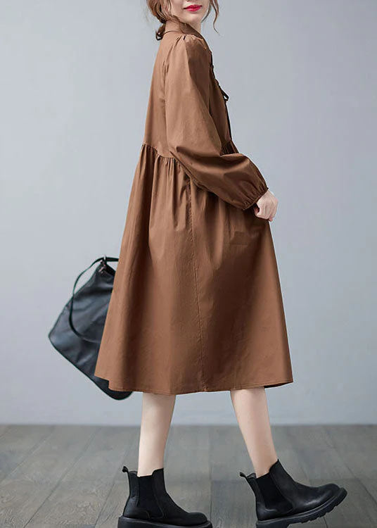 Casual Caramel Peter Pan Collar Patchwork Button Fall Vacation Dresses Long sleeve - Image 4
